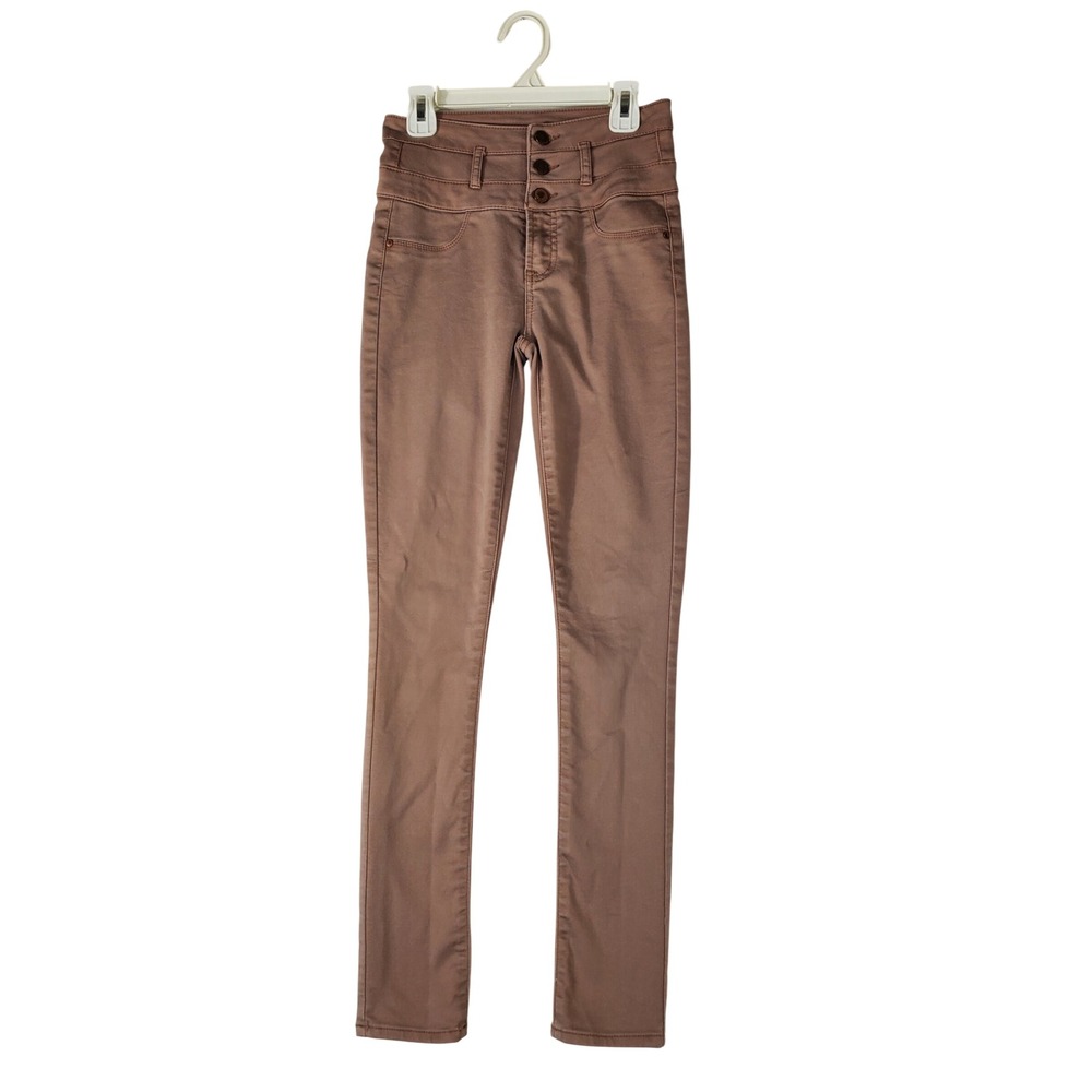 Refuge Womens High Waisted Skinny Pants Mauve Brown Triple Button Size 0